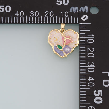 18K Gold Filled Heart Flower Pendant,Enamel Flower Charm Bracelet Necklace for DIY Jewelry Making Supply