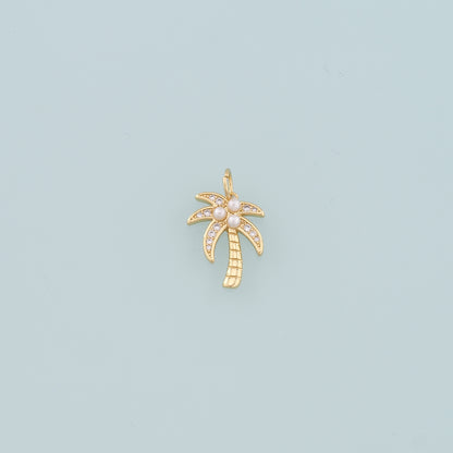18K Gold Filled Pearl Palm Tree Pendant,CZ Micro Pave Palm Tree Charm Bracelet Necklace for DIY Jewelry Making Supply