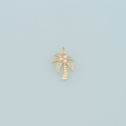 18K Gold Filled Pearl Palm Tree Pendant,CZ Micro Pave Palm Tree Charm Bracelet Necklace for DIY Jewelry Making Supply