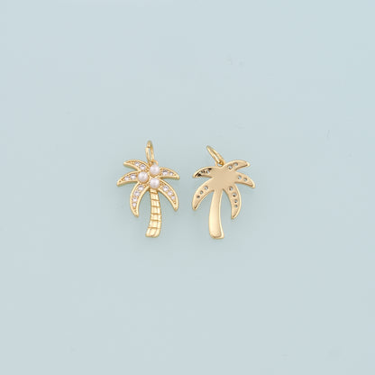 18K Gold Filled Pearl Palm Tree Pendant,CZ Micro Pave Palm Tree Charm Bracelet Necklace for DIY Jewelry Making Supply