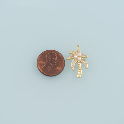 18K Gold Filled Pearl Palm Tree Pendant,CZ Micro Pave Palm Tree Charm Bracelet Necklace for DIY Jewelry Making Supply