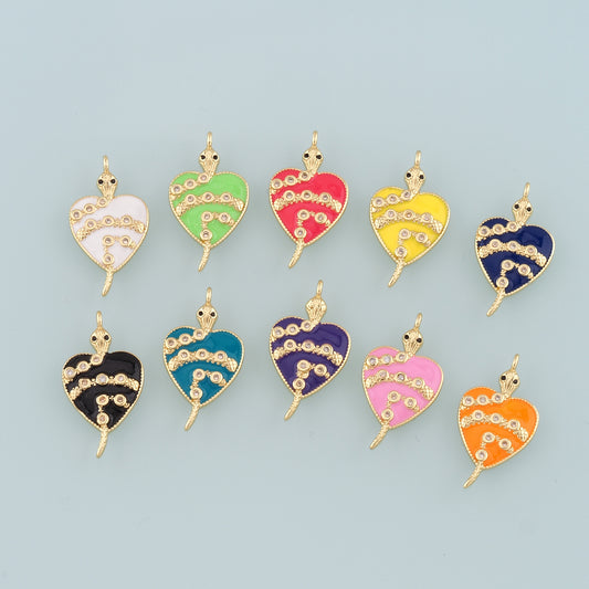 18K Gold Filled Heart Snake Pendant,Enamel Snake Charm Bracelet Necklace for DIY Jewelry Making Supply
