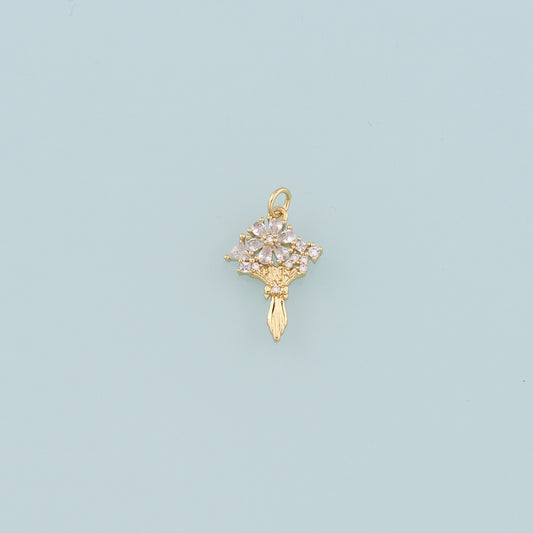 18K Gold Filled Flower Pendant,CZ Micro Pave Bouquet Charm Bracelet Necklace for DIY Jewelry Making Supply