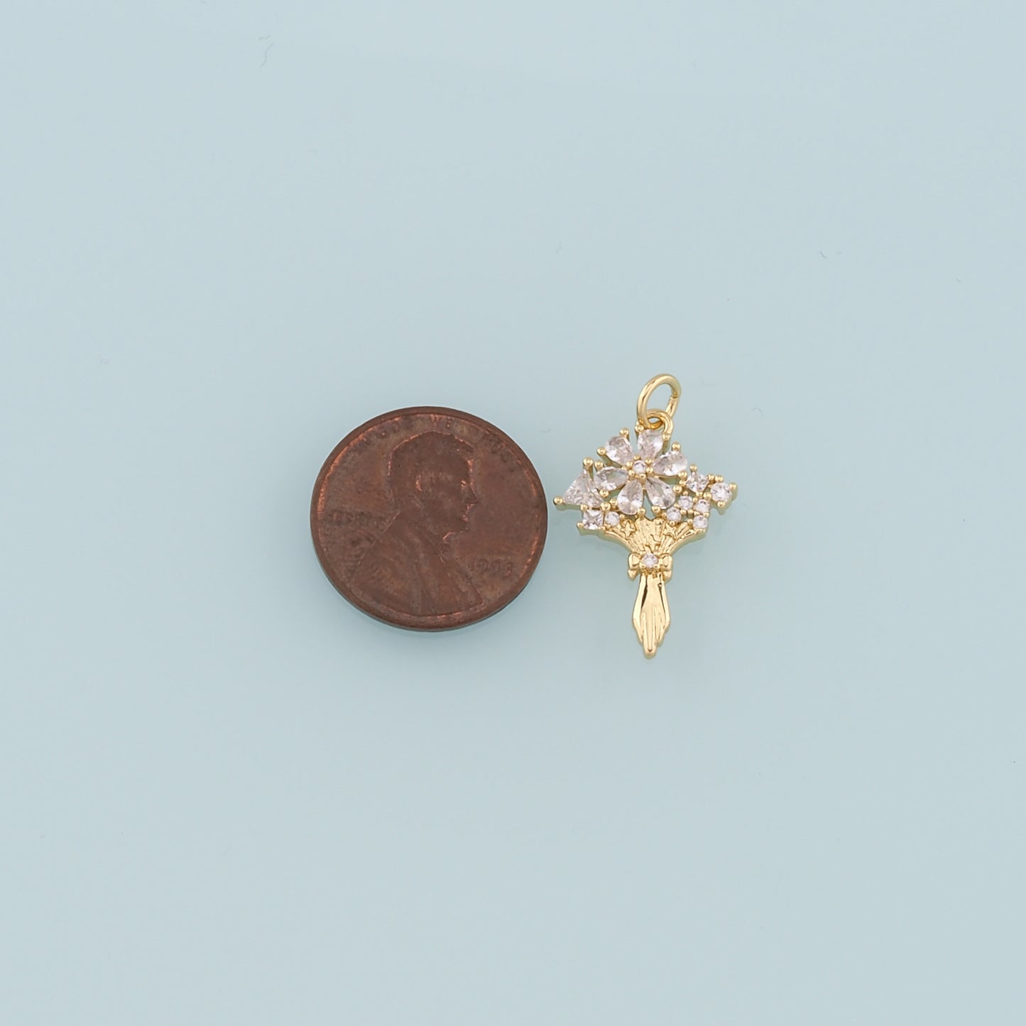 18K Gold Filled Flower Pendant,CZ Micro Pave Bouquet Charm Bracelet Necklace for DIY Jewelry Making Supply