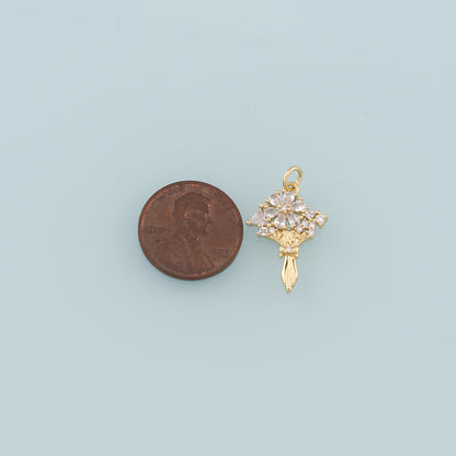 18K Gold Filled Flower Pendant,CZ Micro Pave Bouquet Charm Bracelet Necklace for DIY Jewelry Making Supply