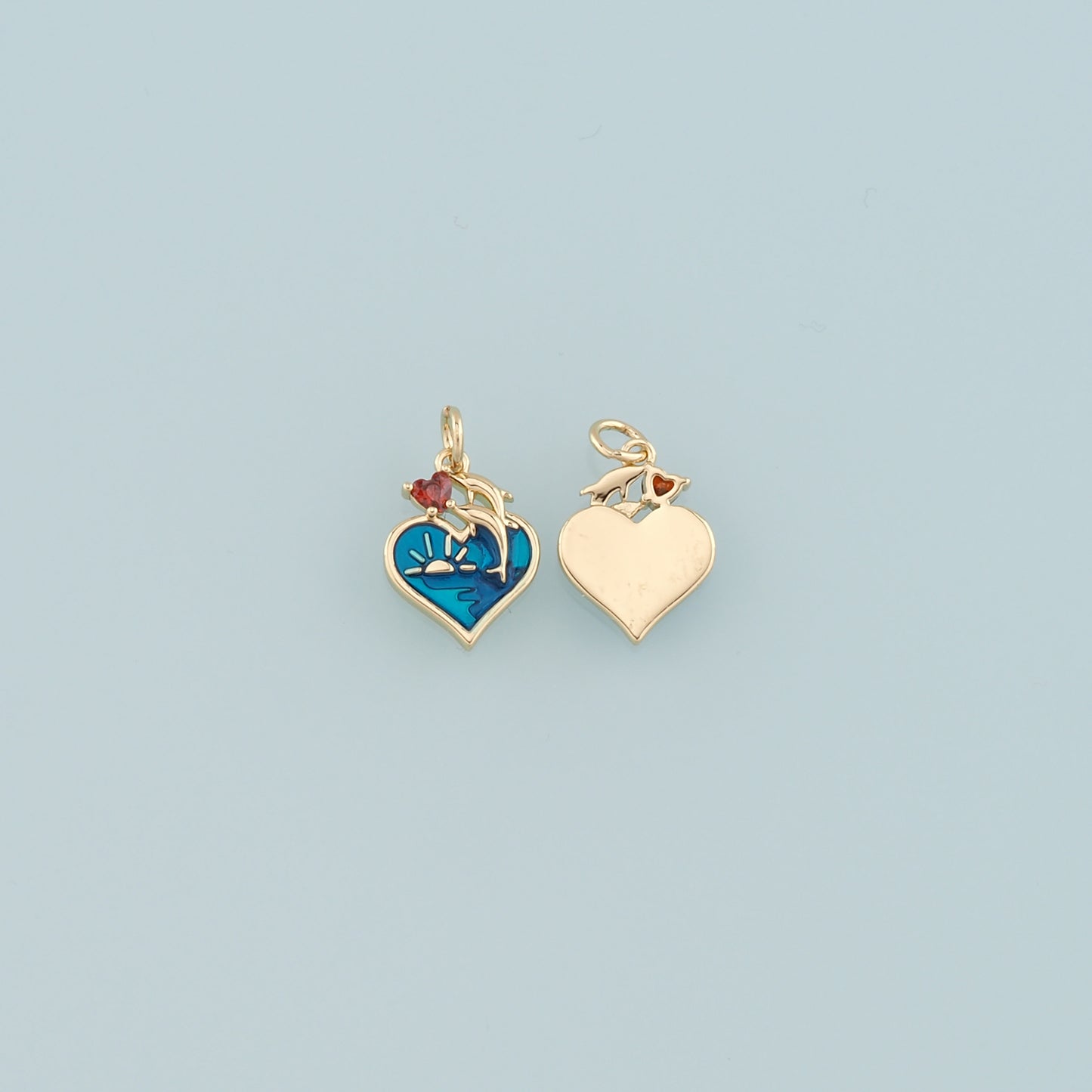 18K Gold Filled Heart Dolphin Pendant,Enamel Ocean Charm Bracelet Necklace for DIY Jewelry Making Supply