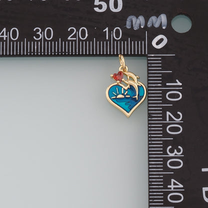 18K Gold Filled Heart Dolphin Pendant,Enamel Ocean Charm Bracelet Necklace for DIY Jewelry Making Supply