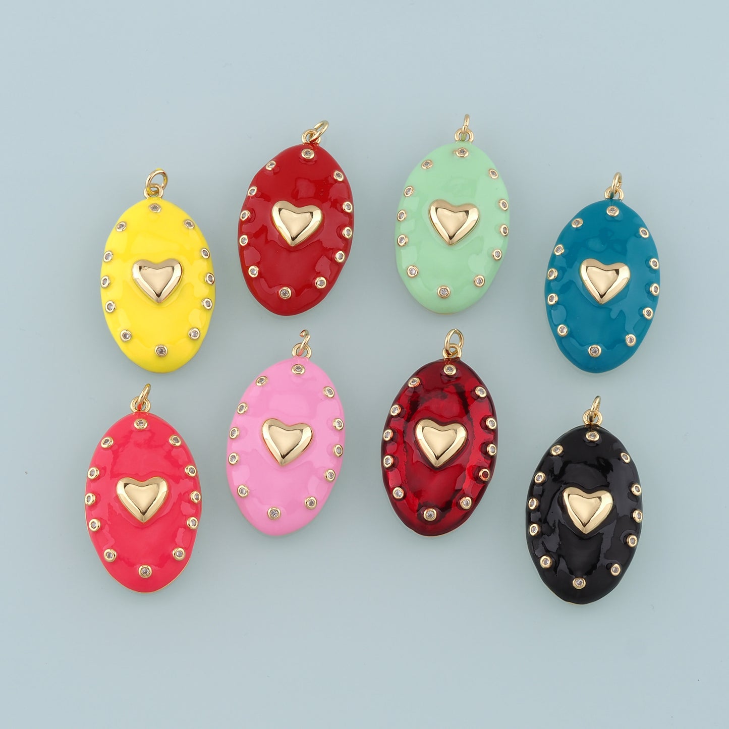 18K Gold Filled Oval Heart Pendant,Enamel Heart Charm Bracelet Necklace for DIY Jewelry Making Supply