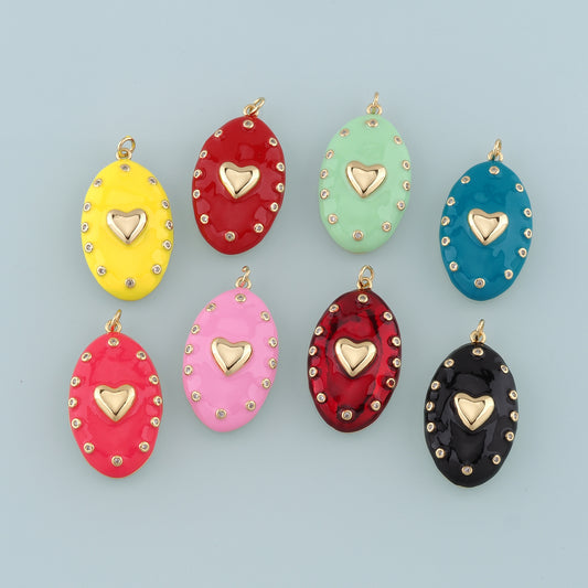 18K Gold Filled Oval Heart Pendant,Enamel Heart Charm Bracelet Necklace for DIY Jewelry Making Supply