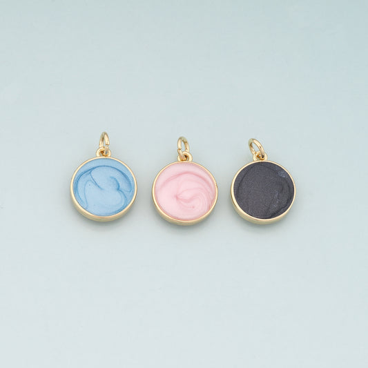 18K Gold Filled Round Pendant,Enamel Round Charm Bracelet Necklace for DIY Jewelry Making Supply