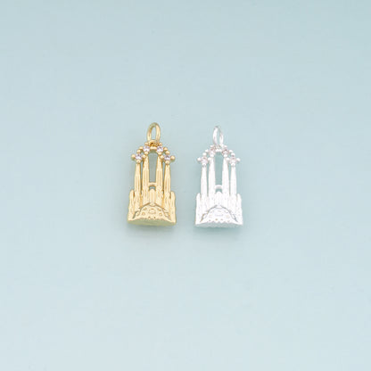 18K Gold Filled Sagrada Famili Pendant,CZ Micro Pave Church Charm Bracelet Necklace for DIY Jewelry Making Supply