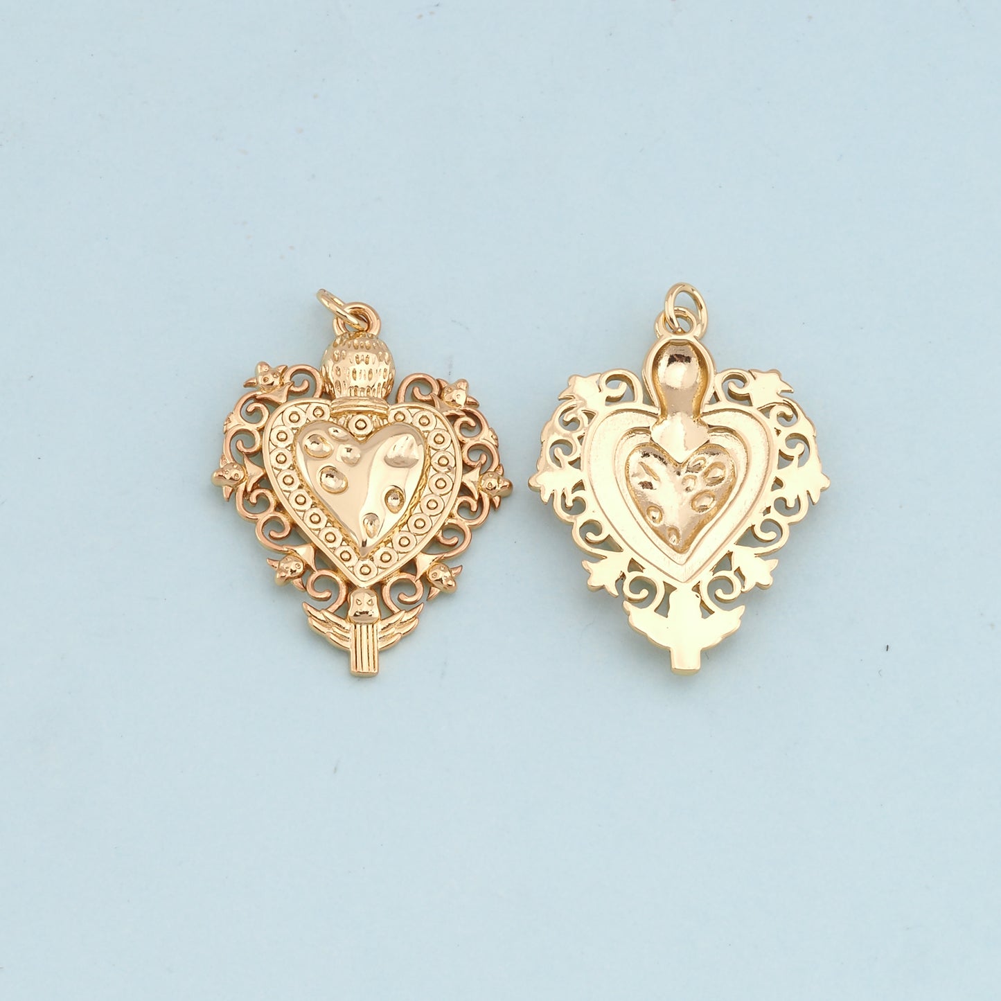 Gold sacred Heart Charms,18K Gold Filled flame sacred heart Pendant,Religious Charm Bracelet Necklace for DIY Jewelry Making Supply