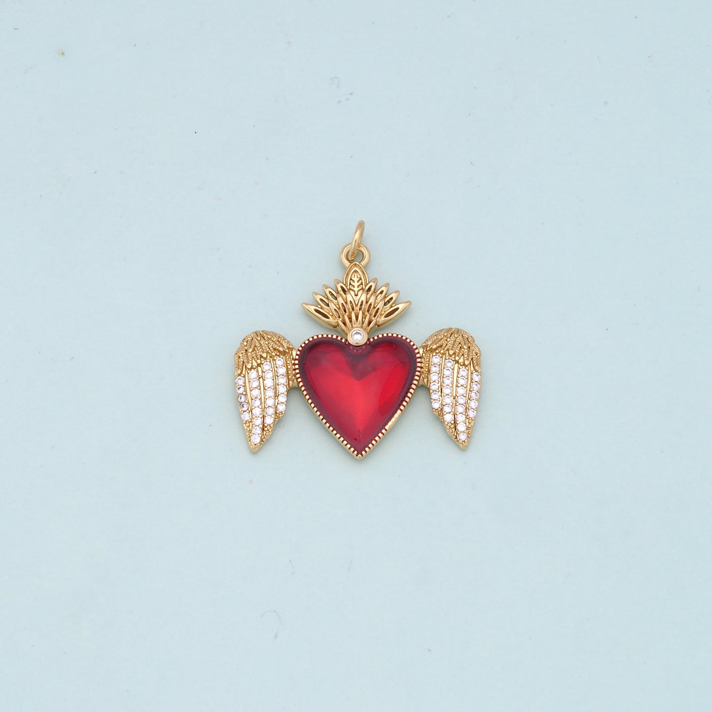 Gold Wings Charms,18K Gold Filled flame Red sacred heart Pendant,Religious Charm Bracelet Necklace for DIY Jewelry Making Supply