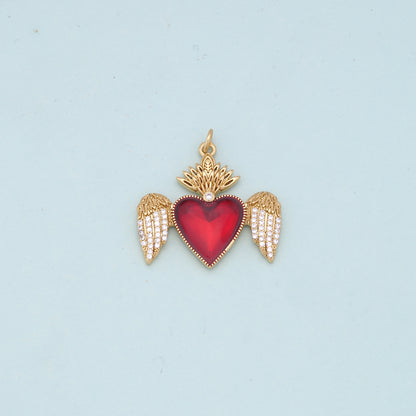 Gold Wings Charms,18K Gold Filled flame Red sacred heart Pendant,Religious Charm Bracelet Necklace for DIY Jewelry Making Supply