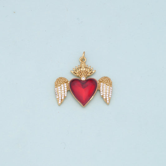 Gold Wings Charms,18K Gold Filled flame Red sacred heart Pendant,Religious Charm Bracelet Necklace for DIY Jewelry Making Supply