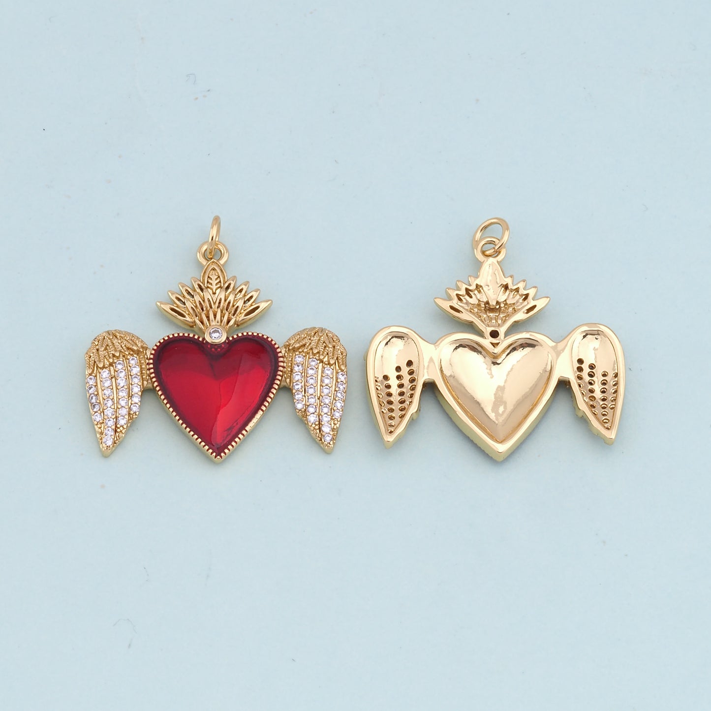 Gold Wings Charms,18K Gold Filled flame Red sacred heart Pendant,Religious Charm Bracelet Necklace for DIY Jewelry Making Supply