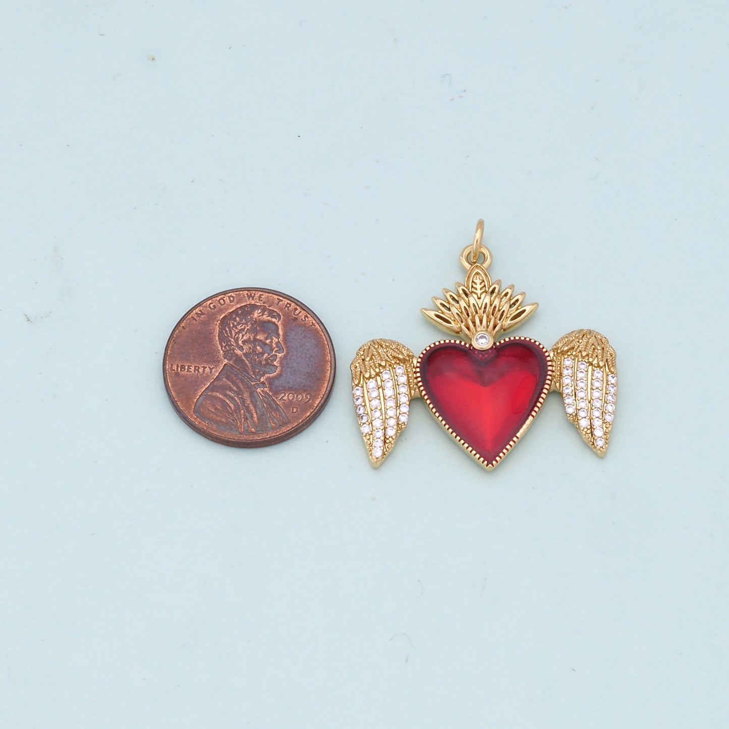 Gold Wings Charms,18K Gold Filled flame Red sacred heart Pendant,Religious Charm Bracelet Necklace for DIY Jewelry Making Supply