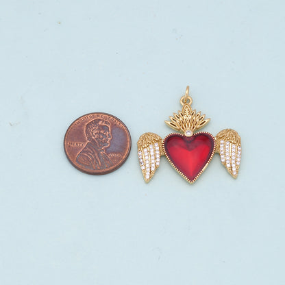 Gold Wings Charms,18K Gold Filled flame Red sacred heart Pendant,Religious Charm Bracelet Necklace for DIY Jewelry Making Supply