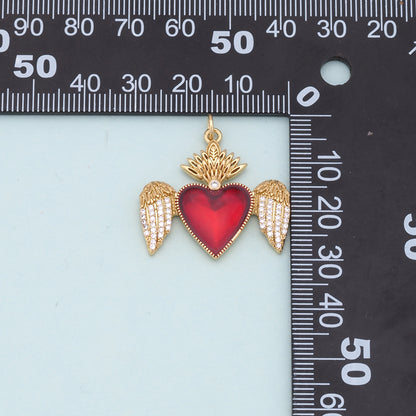 Gold Wings Charms,18K Gold Filled flame Red sacred heart Pendant,Religious Charm Bracelet Necklace for DIY Jewelry Making Supply