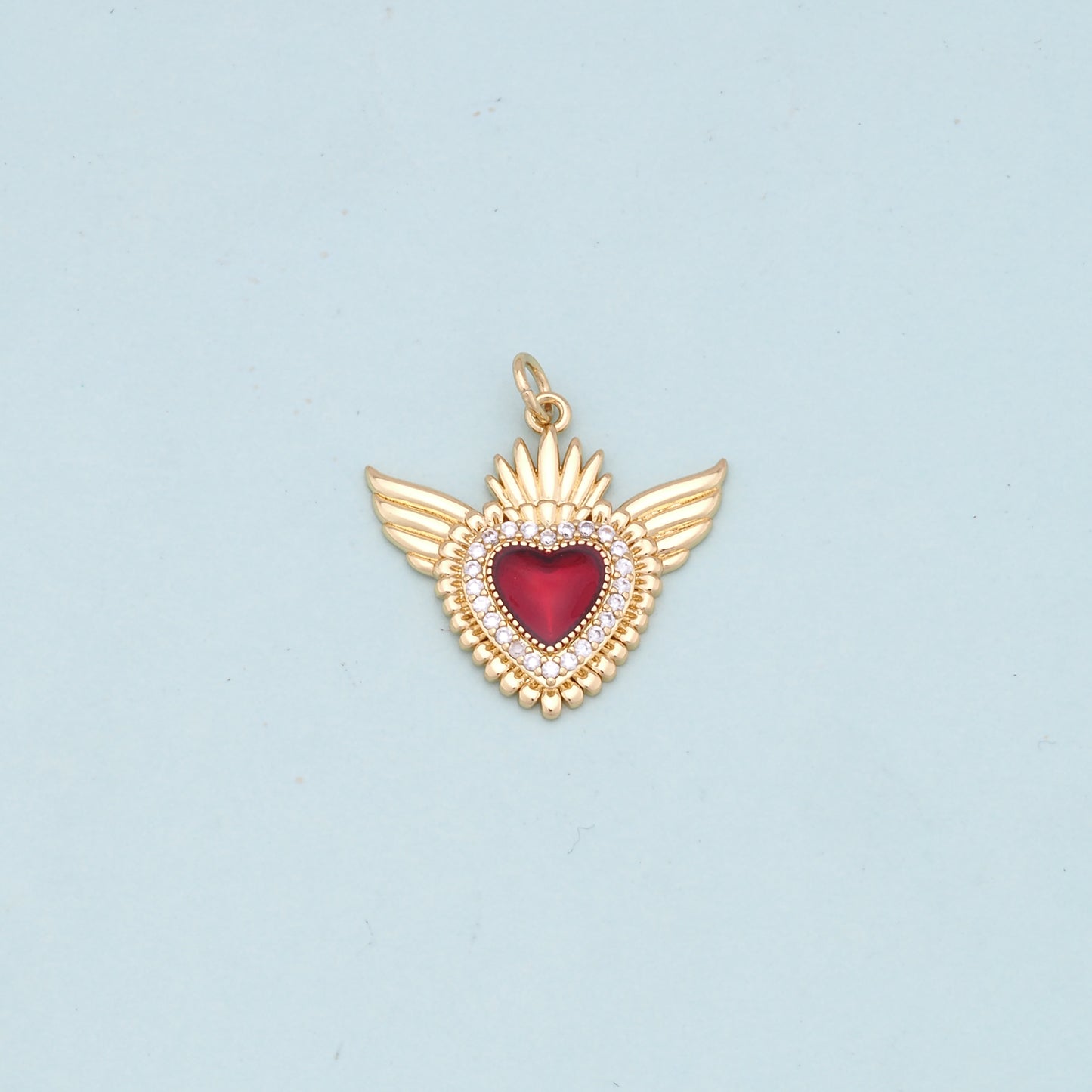 Gold Wings Charms,18K Gold Filled flame Red sacred heart Pendant,Religious Charm Bracelet Necklace for DIY Jewelry Making Supply