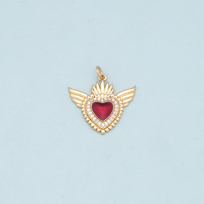 Gold Wings Charms,18K Gold Filled flame Red sacred heart Pendant,Religious Charm Bracelet Necklace for DIY Jewelry Making Supply