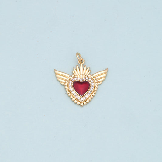 Gold Wings Charms,18K Gold Filled flame Red sacred heart Pendant,Religious Charm Bracelet Necklace for DIY Jewelry Making Supply