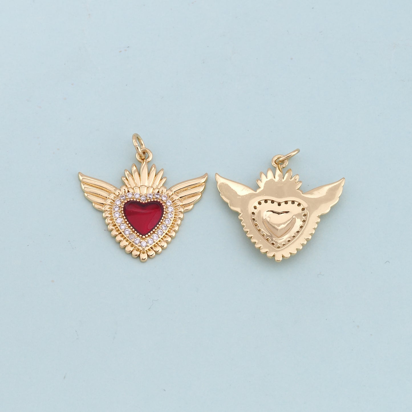 Gold Wings Charms,18K Gold Filled flame Red sacred heart Pendant,Religious Charm Bracelet Necklace for DIY Jewelry Making Supply