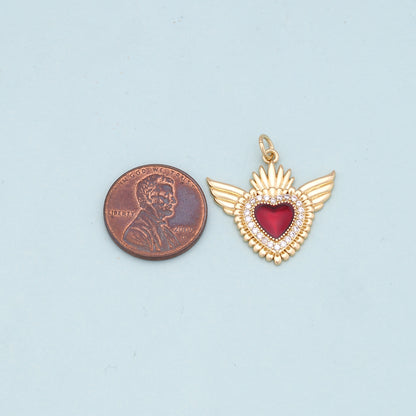 Gold Wings Charms,18K Gold Filled flame Red sacred heart Pendant,Religious Charm Bracelet Necklace for DIY Jewelry Making Supply