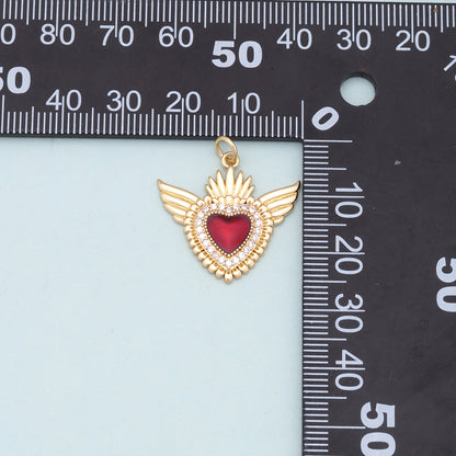 Gold Wings Charms,18K Gold Filled flame Red sacred heart Pendant,Religious Charm Bracelet Necklace for DIY Jewelry Making Supply