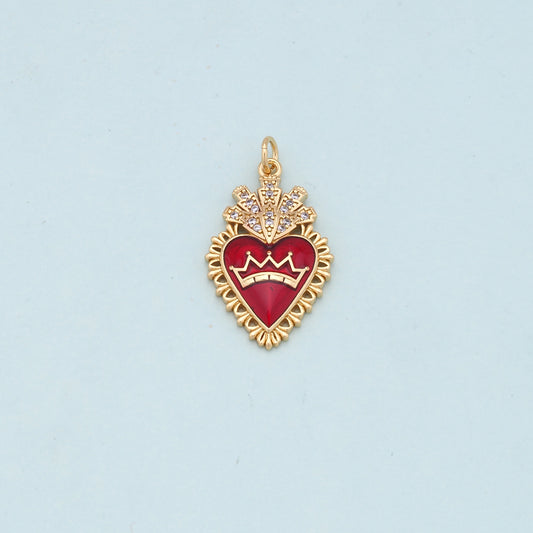 Gold Red sacred Heart Charms,18K Gold Filled flame sacred heart Pendant,Religious Charm Bracelet Necklace for DIY Jewelry Making Supply