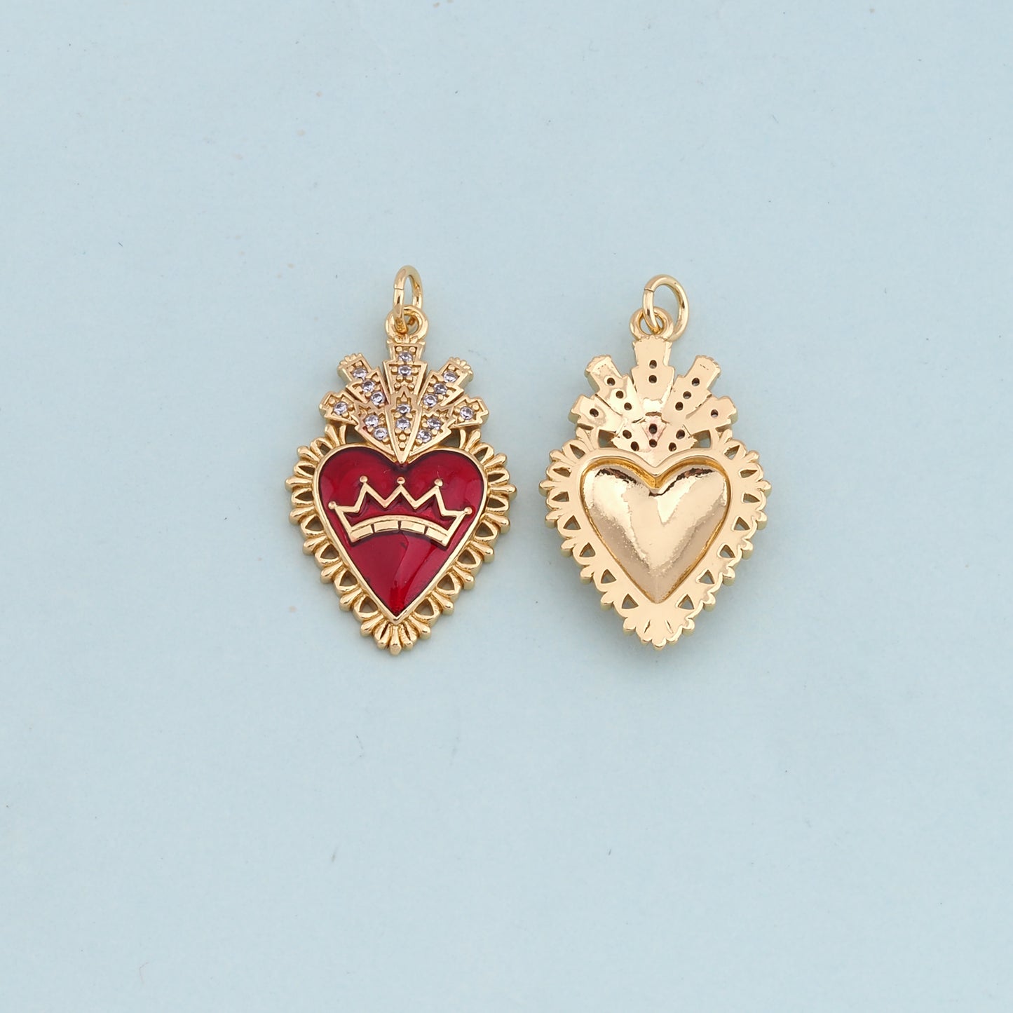 Gold Red sacred Heart Charms,18K Gold Filled flame sacred heart Pendant,Religious Charm Bracelet Necklace for DIY Jewelry Making Supply