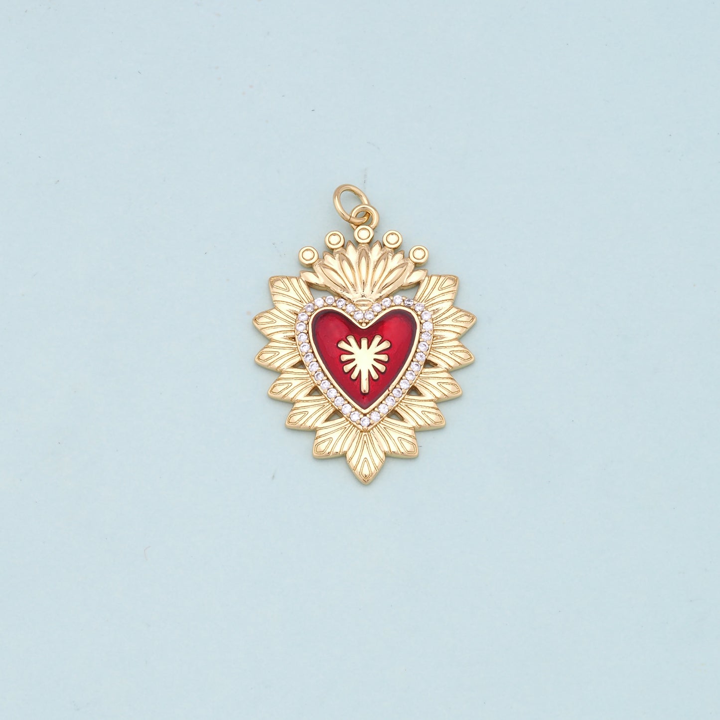 Gold Red sacred Heart Charms,18K Gold Filled flame sacred heart Pendant,Religious Charm Bracelet Necklace for DIY Jewelry Making Supply