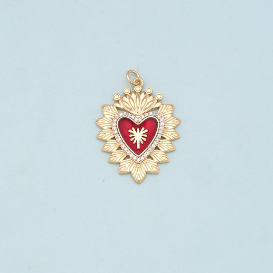 Gold Red sacred Heart Charms,18K Gold Filled flame sacred heart Pendant,Religious Charm Bracelet Necklace for DIY Jewelry Making Supply