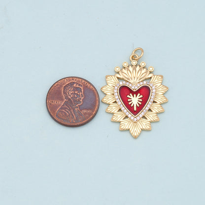 Gold Red sacred Heart Charms,18K Gold Filled flame sacred heart Pendant,Religious Charm Bracelet Necklace for DIY Jewelry Making Supply