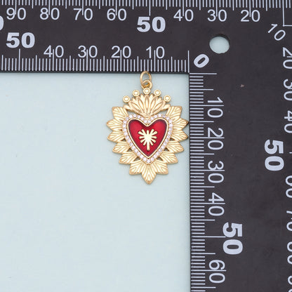 Gold Red sacred Heart Charms,18K Gold Filled flame sacred heart Pendant,Religious Charm Bracelet Necklace for DIY Jewelry Making Supply