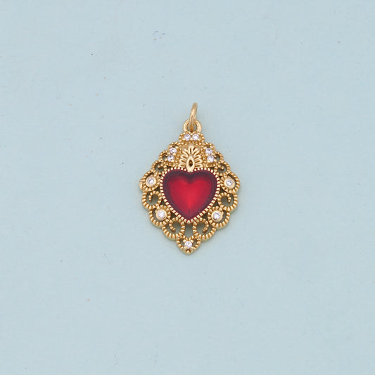Gold Red sacred Heart Charms,18K Gold Filled flame sacred heart Pendant,Religious Charm Bracelet Necklace for DIY Jewelry Making Supply