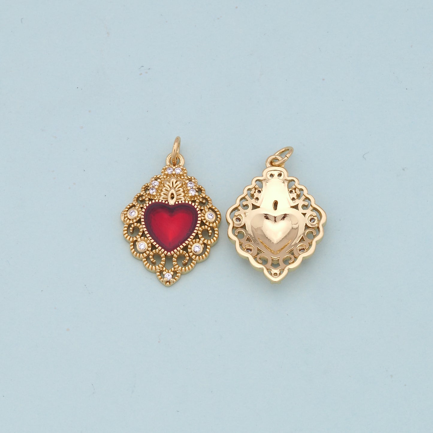 Gold Red sacred Heart Charms,18K Gold Filled flame sacred heart Pendant,Religious Charm Bracelet Necklace for DIY Jewelry Making Supply