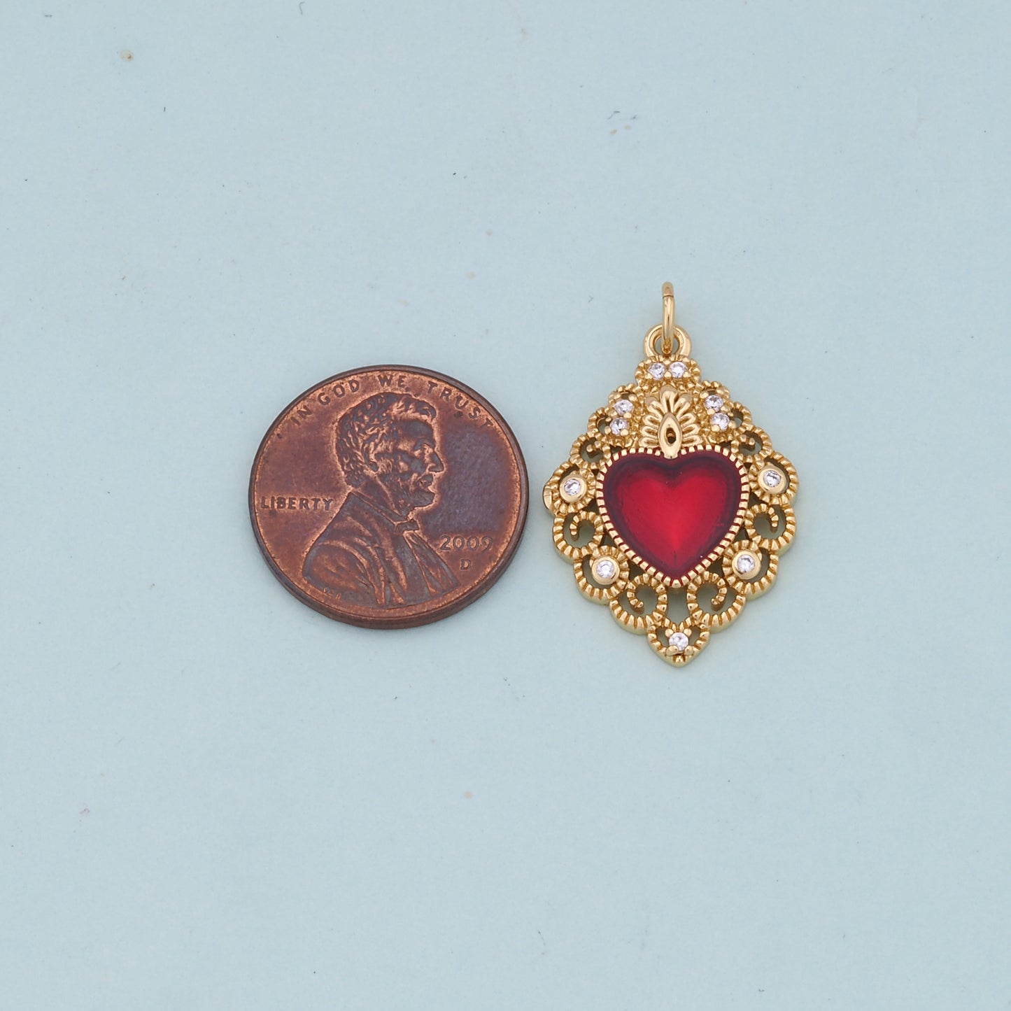 Gold Red sacred Heart Charms,18K Gold Filled flame sacred heart Pendant,Religious Charm Bracelet Necklace for DIY Jewelry Making Supply
