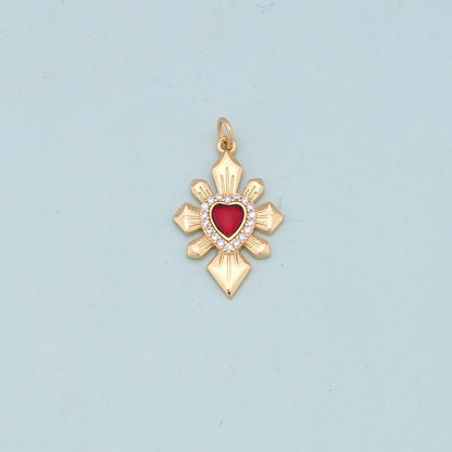 Gold Red sacred Heart Charms,18K Gold Filled flame sacred heart Pendant,Religious Charm Bracelet Necklace for DIY Jewelry Making Supply