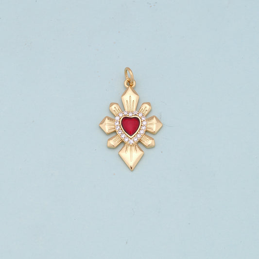 Gold Red sacred Heart Charms,18K Gold Filled flame sacred heart Pendant,Religious Charm Bracelet Necklace for DIY Jewelry Making Supply