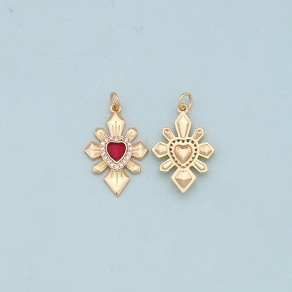 Gold Red sacred Heart Charms,18K Gold Filled flame sacred heart Pendant,Religious Charm Bracelet Necklace for DIY Jewelry Making Supply