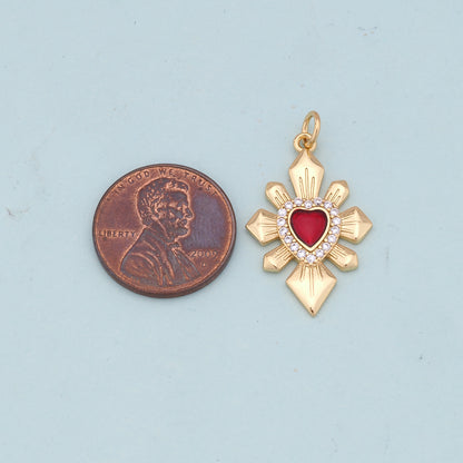 Gold Red sacred Heart Charms,18K Gold Filled flame sacred heart Pendant,Religious Charm Bracelet Necklace for DIY Jewelry Making Supply