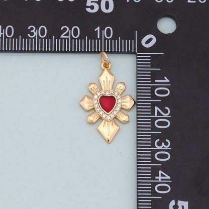 Gold Red sacred Heart Charms,18K Gold Filled flame sacred heart Pendant,Religious Charm Bracelet Necklace for DIY Jewelry Making Supply