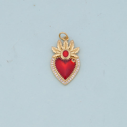 Gold Red sacred Heart Charms,18K Gold Filled flame sacred heart Pendant,Religious Charm Bracelet Necklace for DIY Jewelry Making Supply