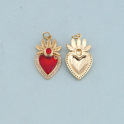 Gold Red sacred Heart Charms,18K Gold Filled flame sacred heart Pendant,Religious Charm Bracelet Necklace for DIY Jewelry Making Supply