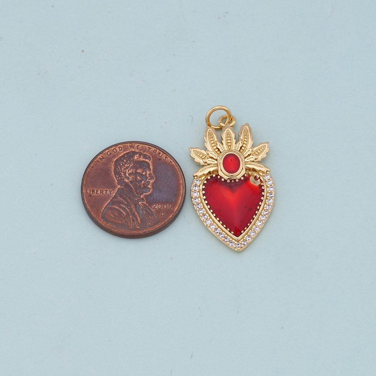 Gold Red sacred Heart Charms,18K Gold Filled flame sacred heart Pendant,Religious Charm Bracelet Necklace for DIY Jewelry Making Supply