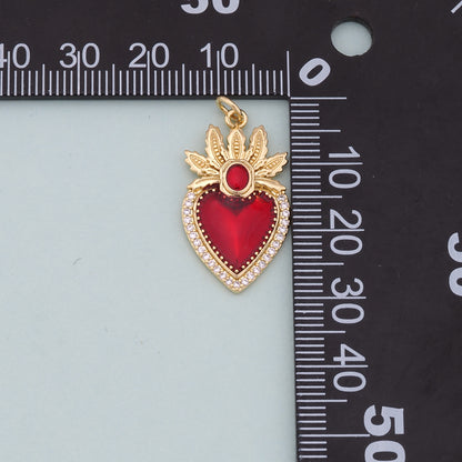 Gold Red sacred Heart Charms,18K Gold Filled flame sacred heart Pendant,Religious Charm Bracelet Necklace for DIY Jewelry Making Supply