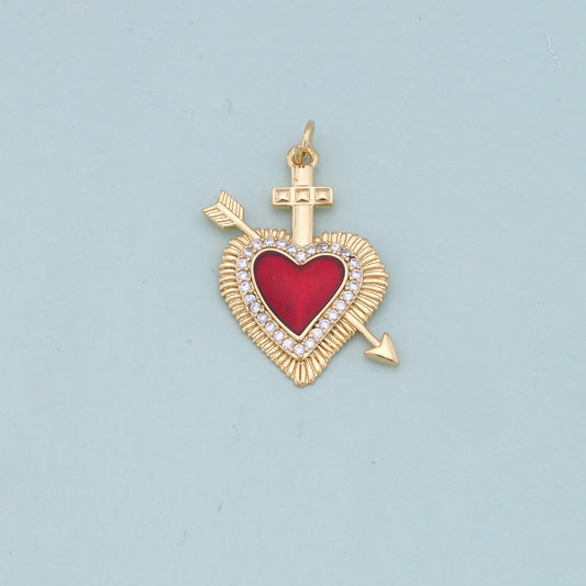 Gold Red sacred Heart Charms,18K Gold Filled flame sacred heart Pendant,Religious Charm Bracelet Necklace for DIY Jewelry Making Supply