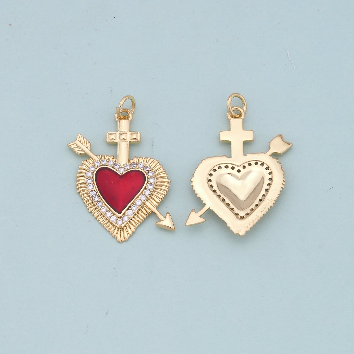 Gold Red sacred Heart Charms,18K Gold Filled flame sacred heart Pendant,Religious Charm Bracelet Necklace for DIY Jewelry Making Supply