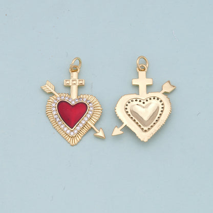Gold Red sacred Heart Charms,18K Gold Filled flame sacred heart Pendant,Religious Charm Bracelet Necklace for DIY Jewelry Making Supply